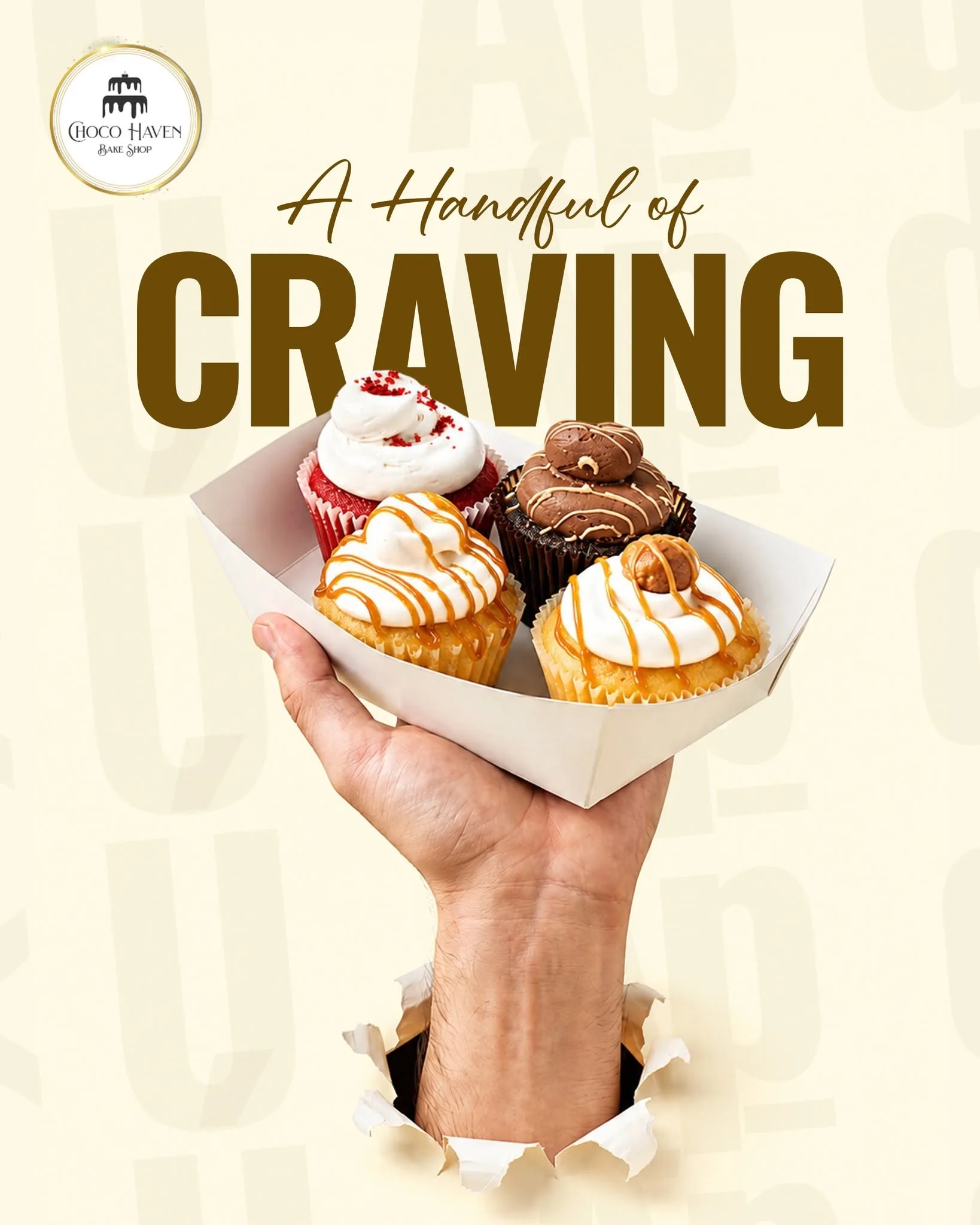 A box of freshly decorated Choco Haven cupcakes