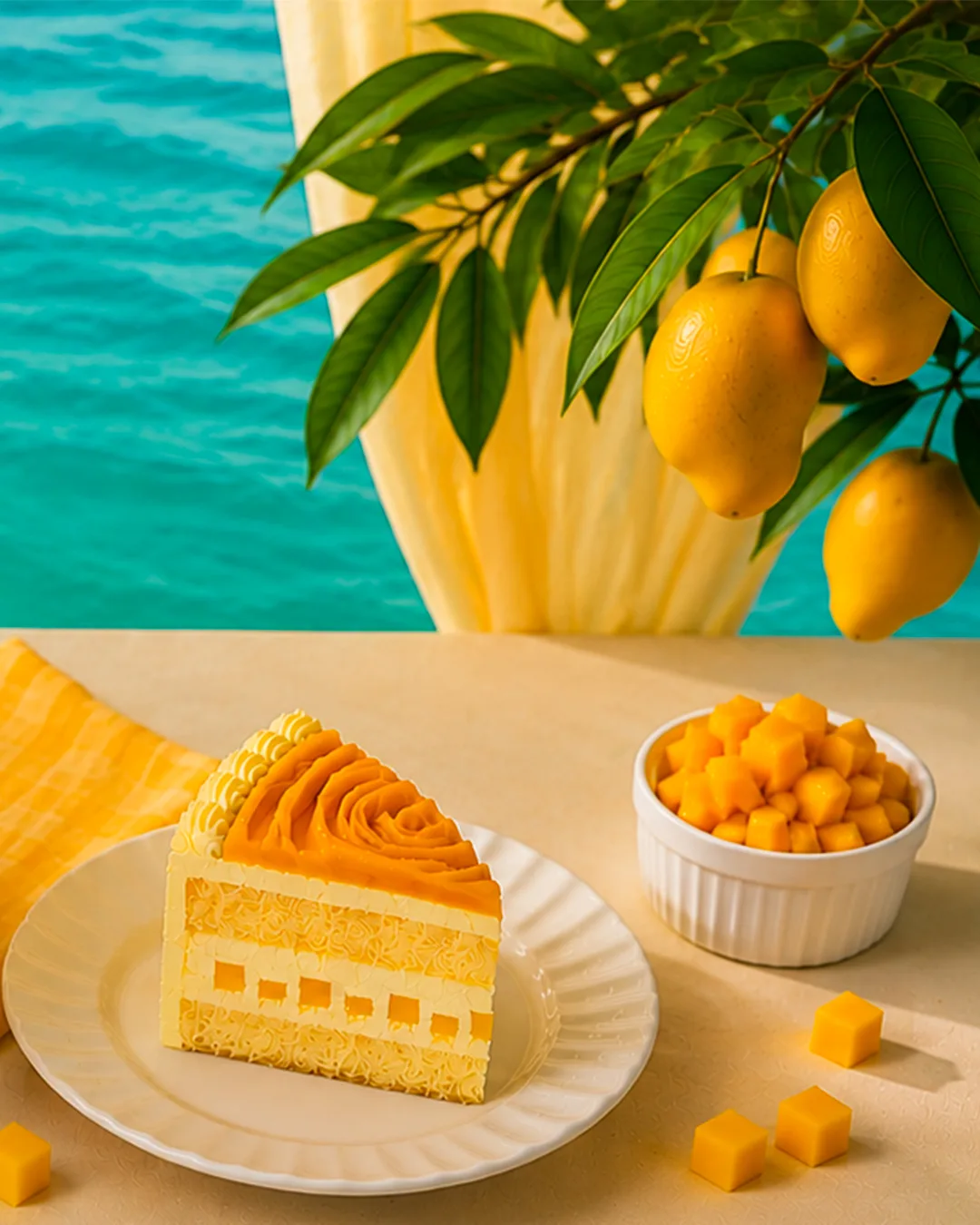 Mango cake slice with fresh mango